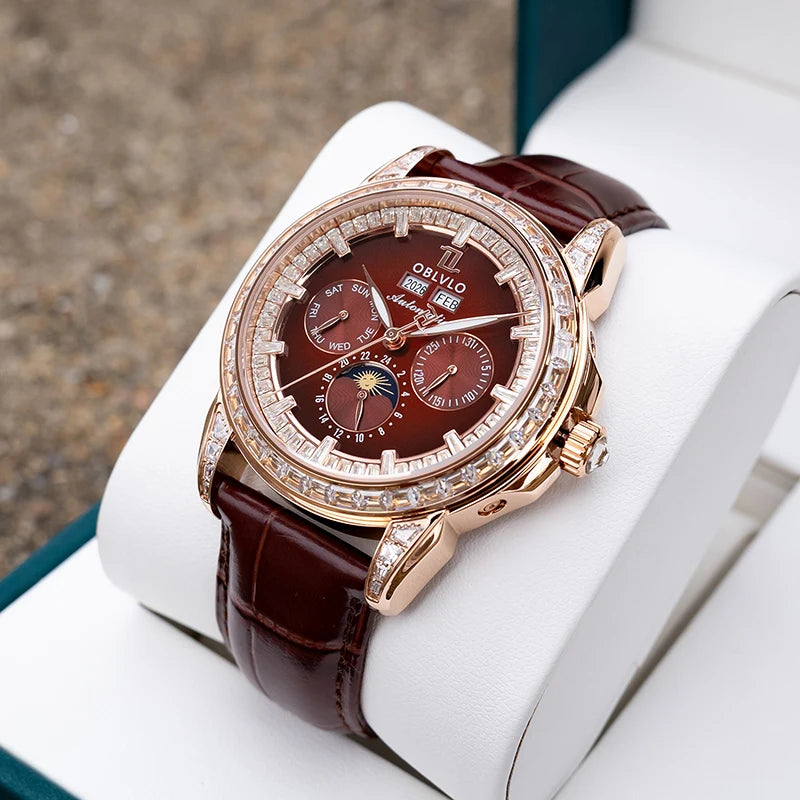 OBLVLO Men Automatic Watch 40mm Mechanical Wristwatch 5ATM Luminous Crystal Bezel Year,Month,Week,Date,24 Hours TY1655 Mov.