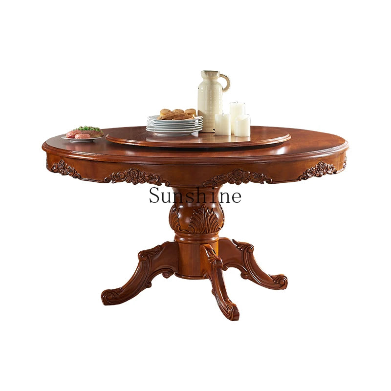 Solid Wood Round Dining Table With Turntable And Hand-Carved Details — Deep Walnut | KIMLUD
