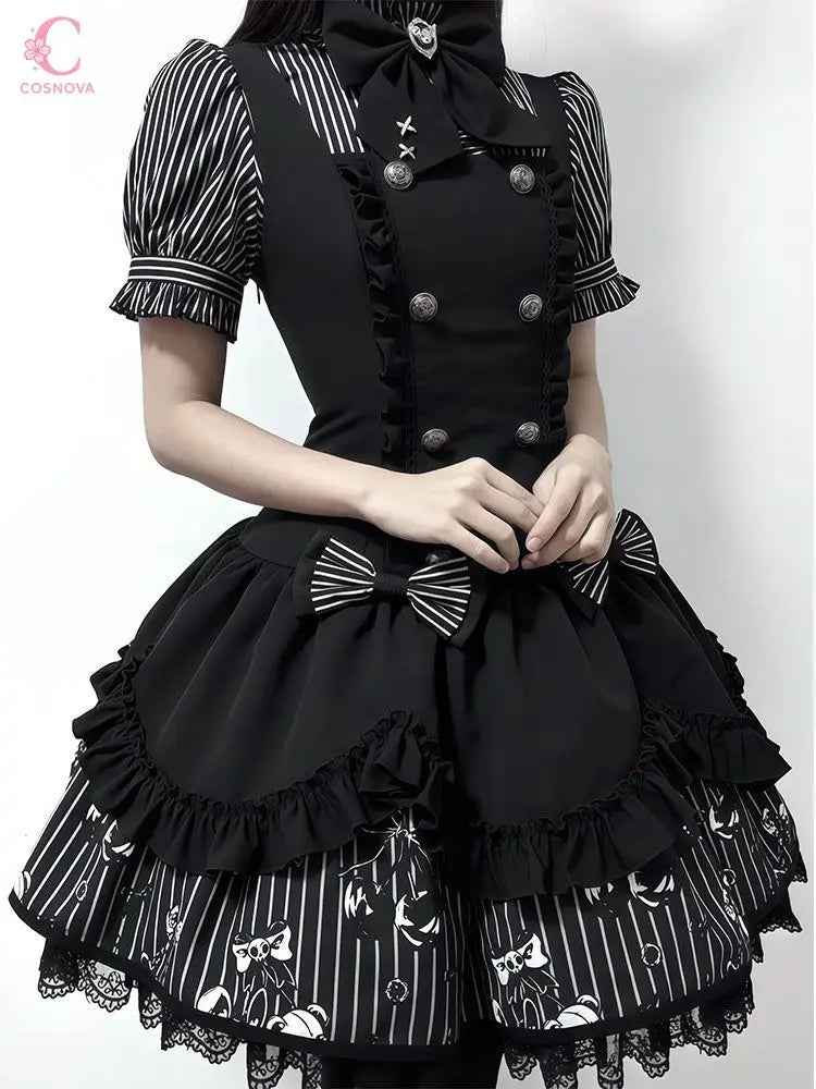Gothic Striped Lolita Dress Set Puff Sleeve — Black and White | KIMLUD