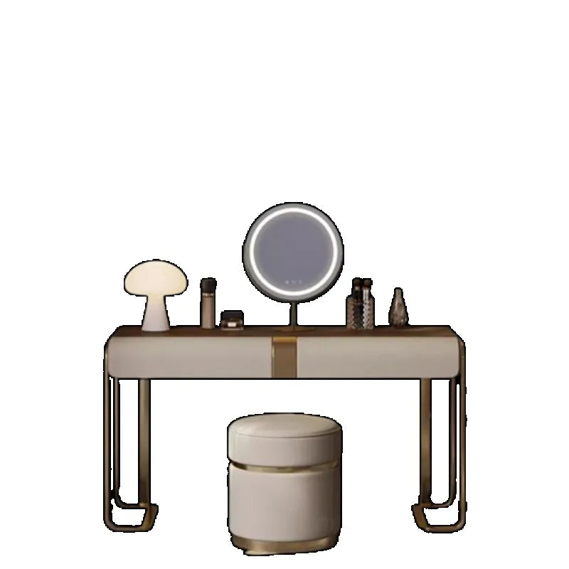 European Minimalist Dressing Table Mirror With LED Ring And Five Drawers — Champagne Beige | KIMLUD