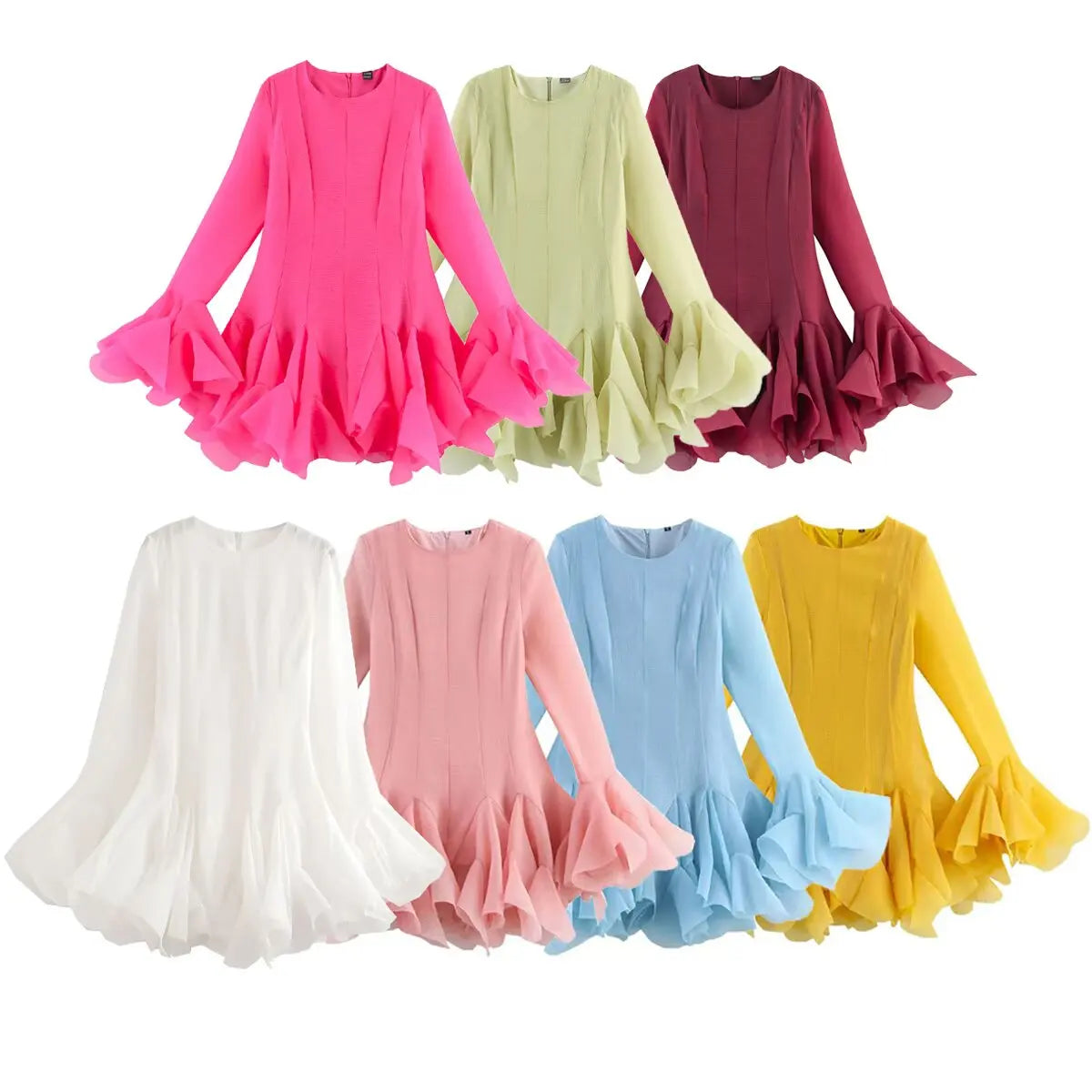 2026 Summer Women's Elegant Multi-Layered Ruffled Hem Mini Dresses Lady Sweet French Style Long Flare Sleeve Slim Fit Puffy Robe