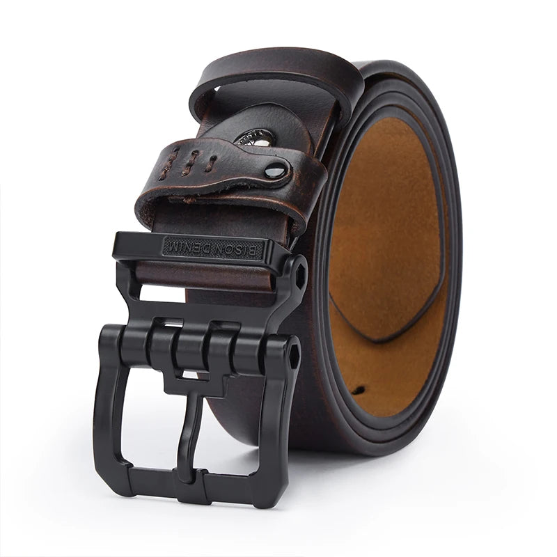 Split Leather Belt Vintage Pin Buckle 3.8 Cm Wide For Men — Black Coffee | KIMLUD