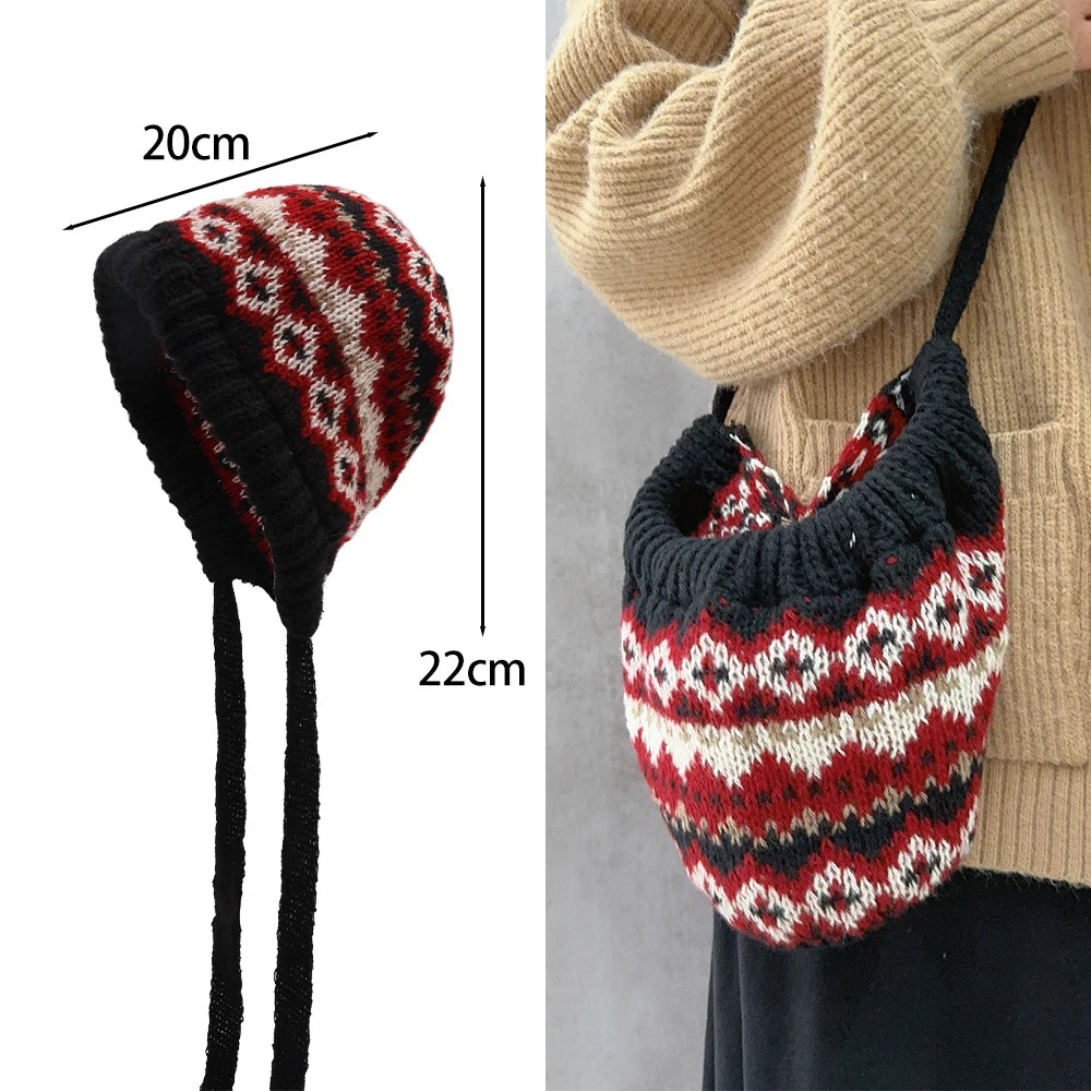 Ethnic Style Striped Spliced Knitted Hat Women Autumn Winter Caps Multifunctional Crossbody Bag Ear Protection Drawstring Hats