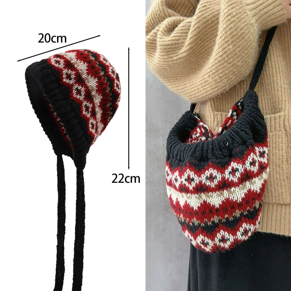 KIMLUD, Ethnic Style Striped Spliced Knitted Hat Women Autumn Winter Caps Multifunctional Crossbody Bag Ear Protection Drawstring Hats, KIMLUD Womens Clothes