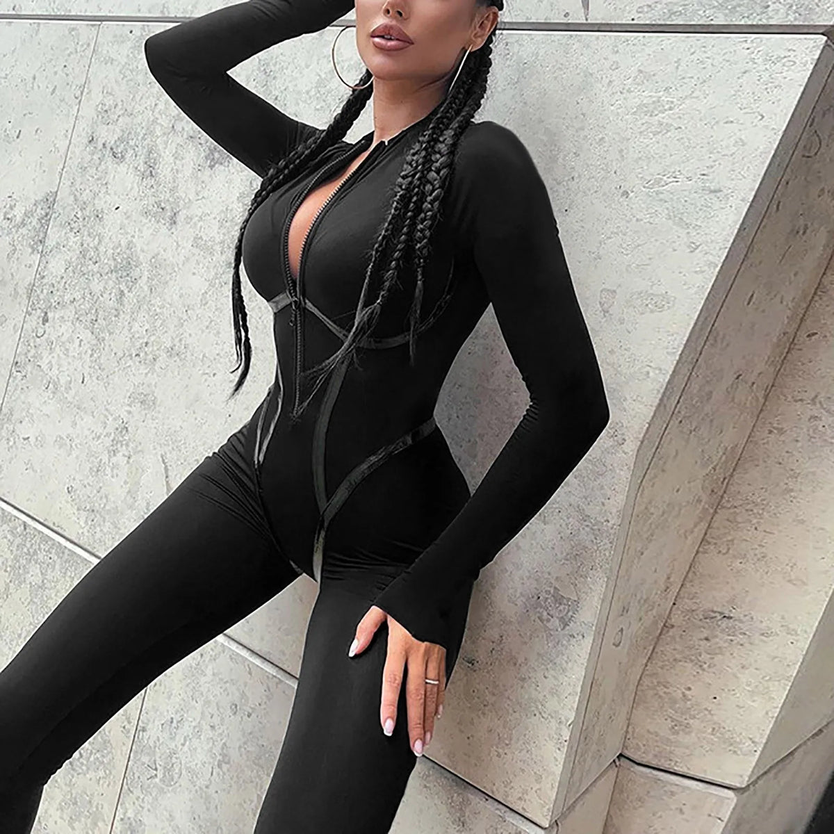 Jumpsuit – O Neck Full Sleeve Zipper – Broadcloth – Black | KIMLUD