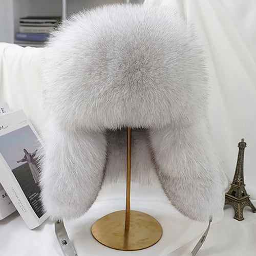 Fashion Winter Men's 100% Real Silver Fox Fur Bomber Hat Raccoon Fur Ushanka Cap Trapper Russian Man Ski Hats Caps Real Leather