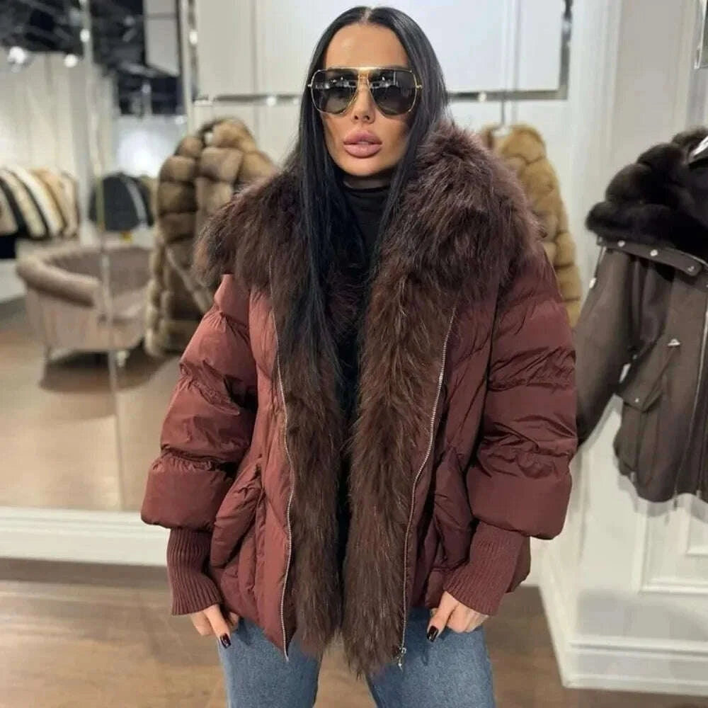 KIMLUD, OFTBUY Large Real Raccoon Fur Jacket Knit Sleeve Real Fur New Winter Puffer Jacket Women White Duck Down Coat Oversized Feather, KIMLUD Womens Clothes