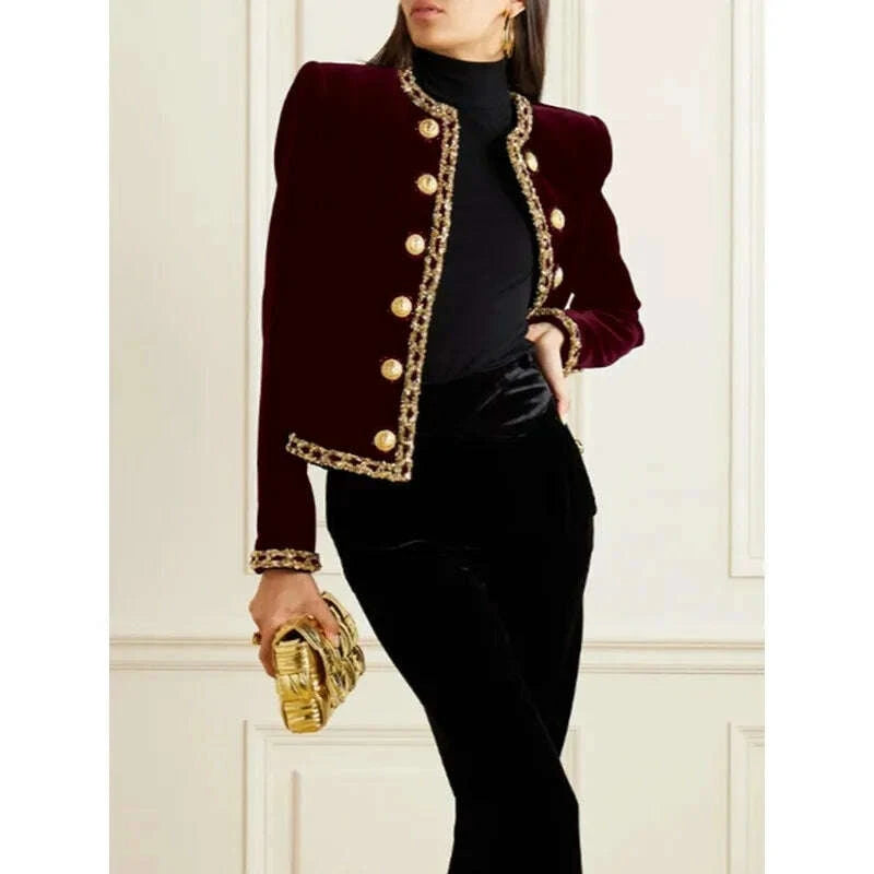 KIMLUD, Plus Size Luxury Bright Silk Velvet Jackets Women 2025 Autumn Winter O Neck Long Sleeve Double Gold Button Out Going Coat 184065, KIMLUD Womens Clothes