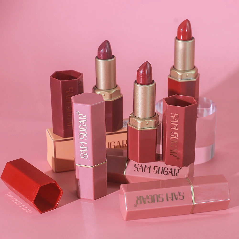 6 Colors Gold Bar Tube Lipstick Diamond Pearlescent Glitter Gold Pink Lips Stick Long-Lasting Non-Sticky High-Shine Makeup