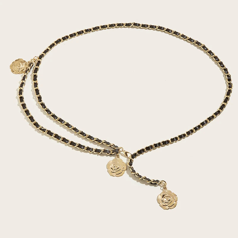 Metal Waist Chain Belt With Circular Flower Pendant And Fine Chain Strap — Gold | KIMLUD