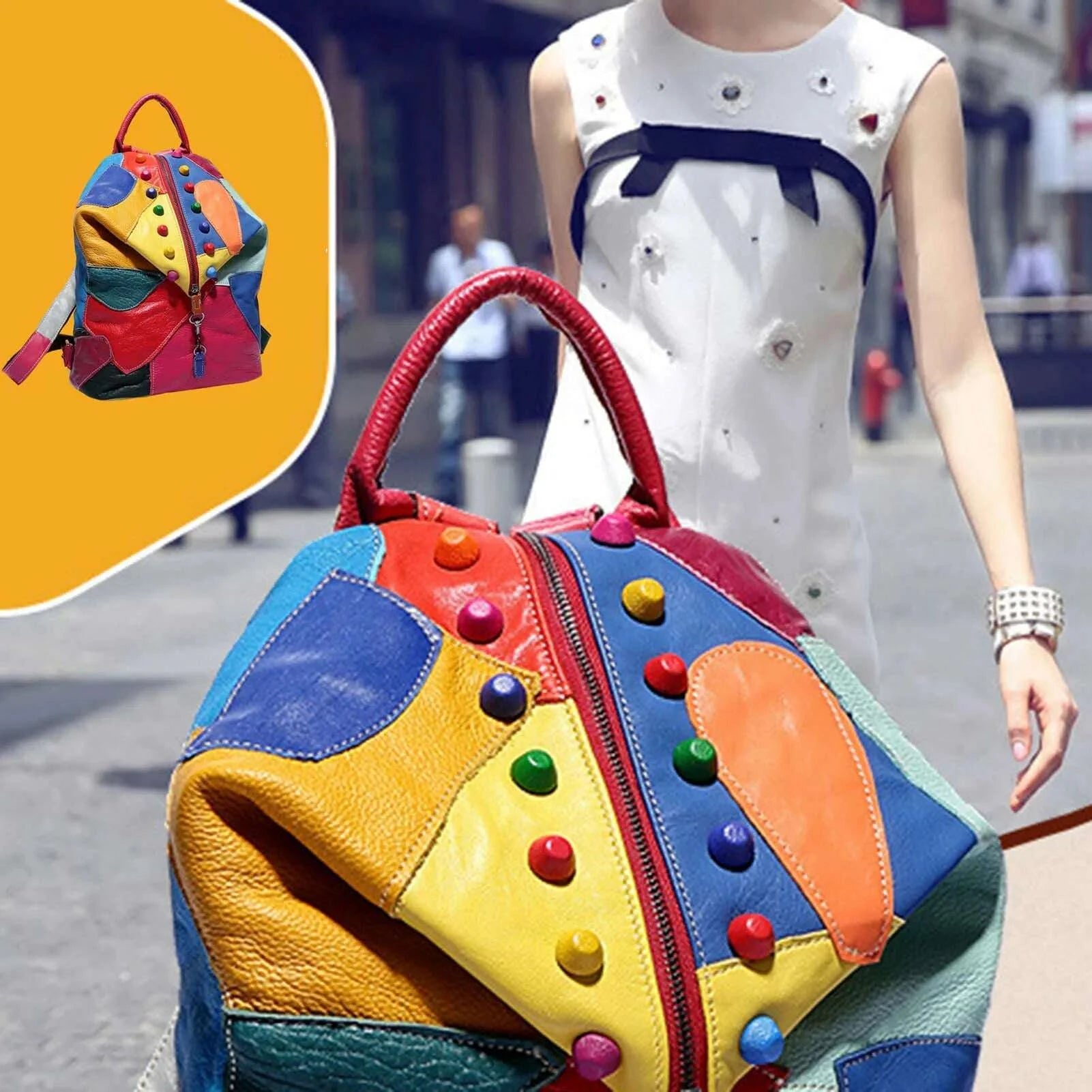 KIMLUD, Stylish Stitching Leather Rivets Backpack Wear-resistant Waterproof Bag For Daily Work Travel Party, KIMLUD Womens Clothes