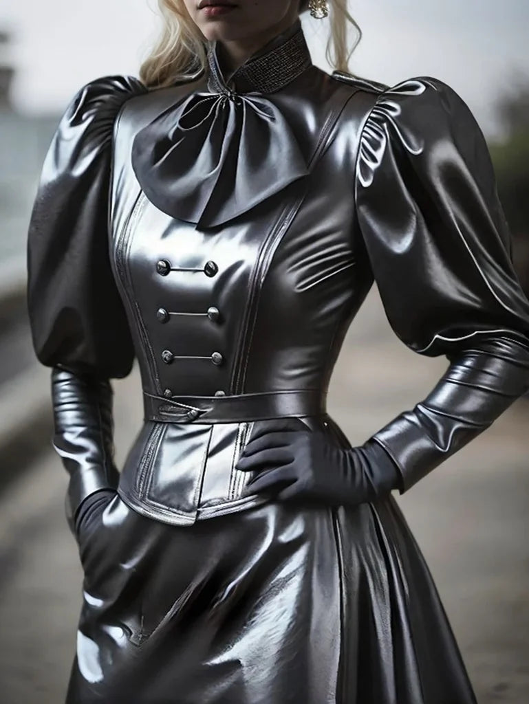 Faux Leather Top – Stand Collar Lantern Sleeve – PU | KIMLUD