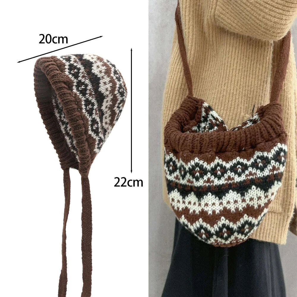 KIMLUD, Ethnic Style Striped Spliced Knitted Hat Women Autumn Winter Caps Multifunctional Crossbody Bag Ear Protection Drawstring Hats, KIMLUD Womens Clothes