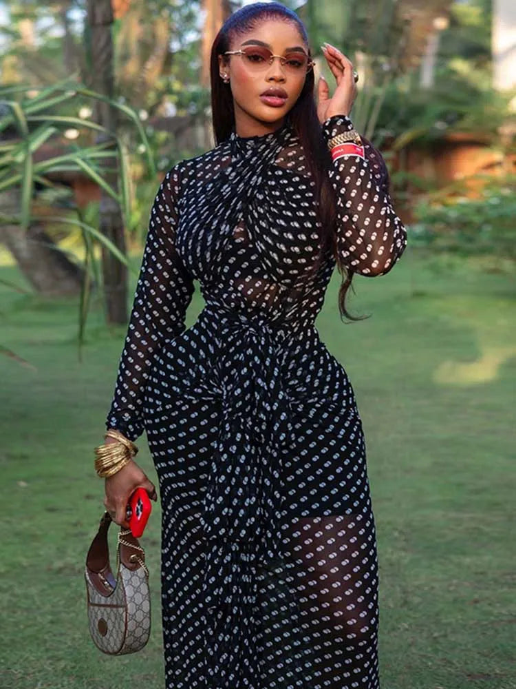 Spring Female Clothes Long Sleeve Maxi Dress for Woman Boho Black and White Dresses Elegant Mid-turtleneck Waist Slimming Dress