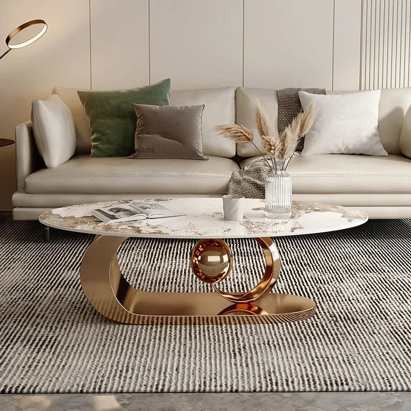 Wrought Iron Oval Coffee Table Marble-Top Italian Rock Plate European Design — Ivory | KIMLUD