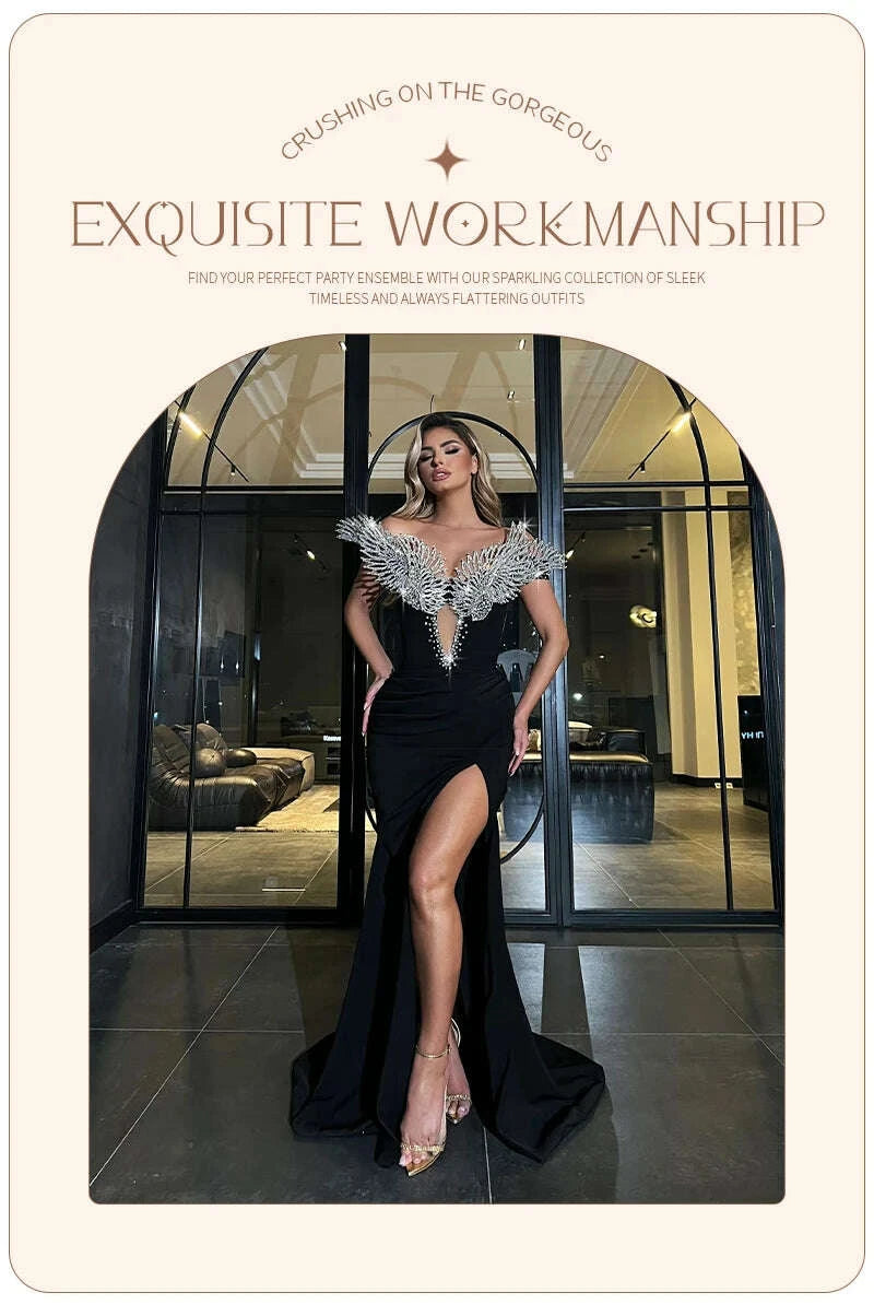 KIMLUD, VC Fashion Black Velvet Gown with Crystal Feather Shoulders Maxi Dress with High Slit, KIMLUD Womens Clothes