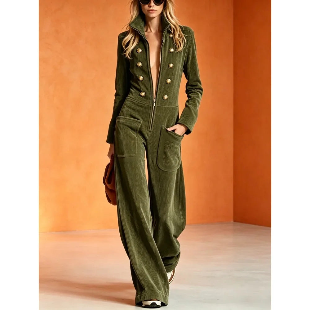Jumpsuit - Front Zip Stand Collar - Wide Leg Silhouette - Mid Waist | KIMLUD