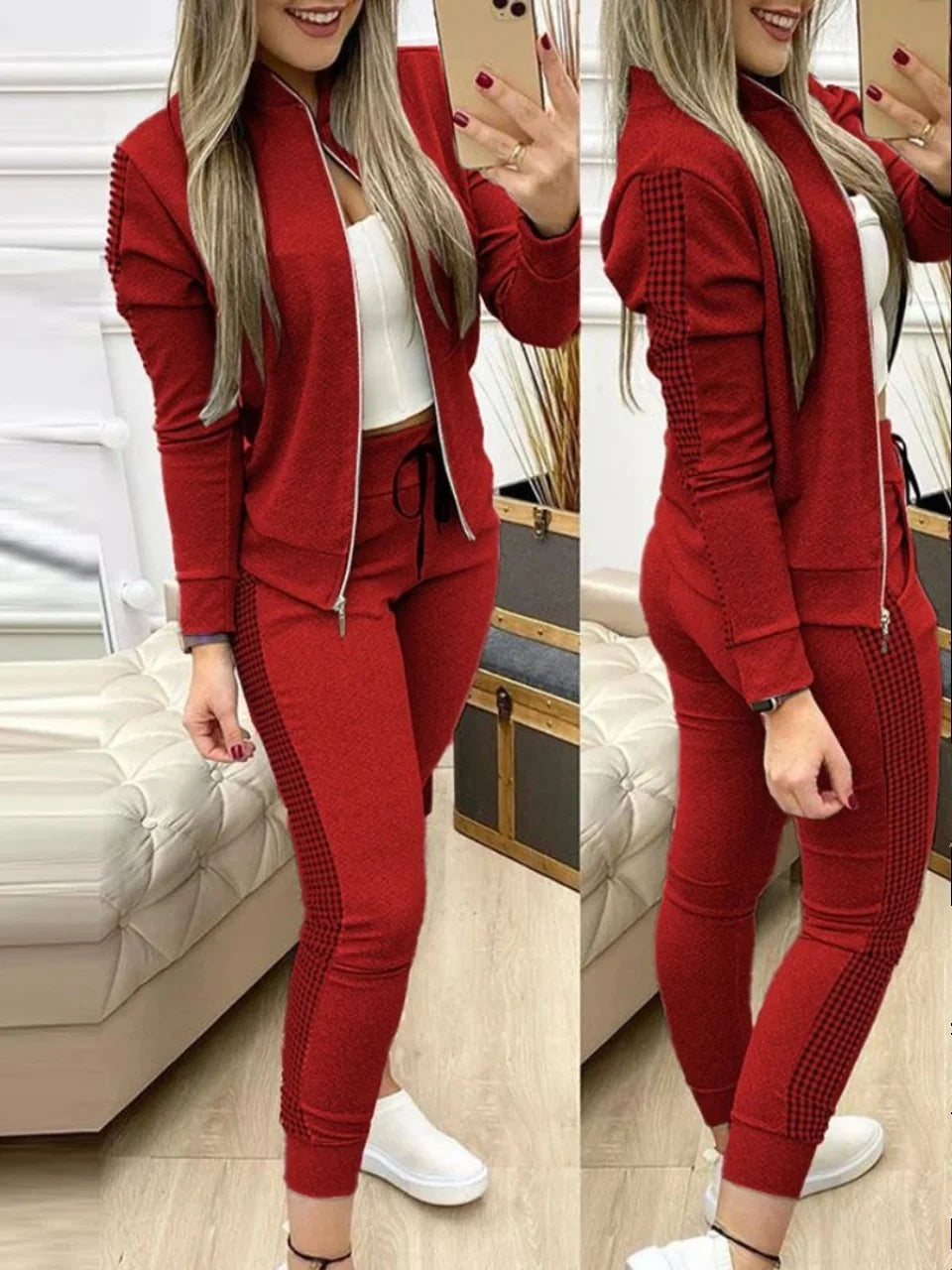 Sport Plaid Patchwork Long Sve Set Women's Casual Sportswear Polyester Fabric Zipper Closure Long Pants Two-Piece Set