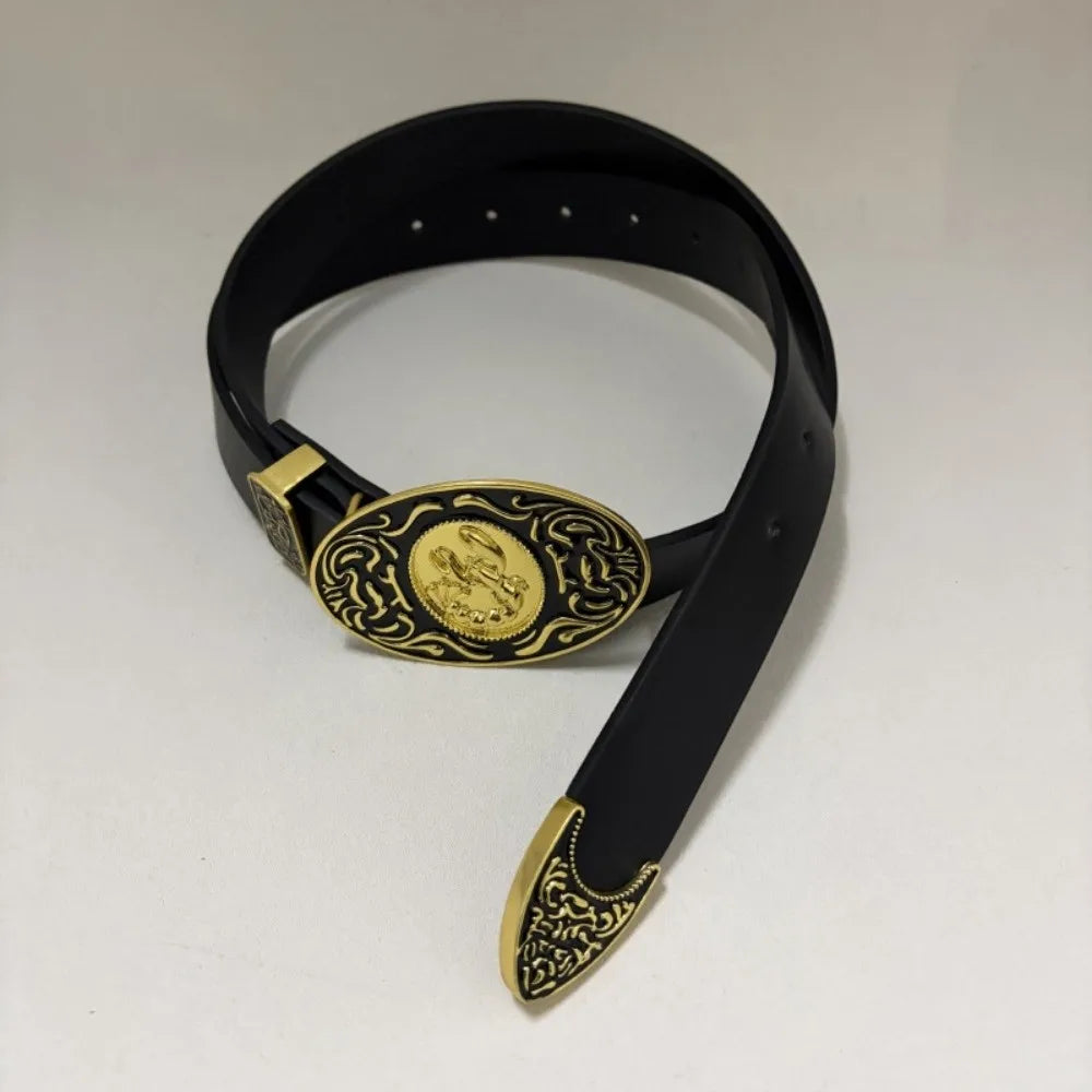 PU Leather Belt With Antique Gold Engraved Buckle — Black | KIMLUD