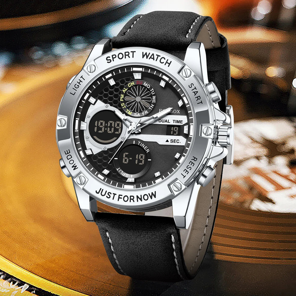 FOXBOX Fashion Men's Luxury Watch Leather Strap Quartz Watches Business Dual Display Waterproof Date Chronograph Man Watch+Box