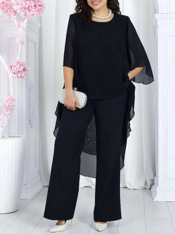 KIMLUD, Elegant 2 Pieces Sets Woman's Chiffon Solid Mid-Sleeve Layered ruffled edges Long Top & Straight-leg Trousers Pants Sets Outfits, KIMLUD Womens Clothes