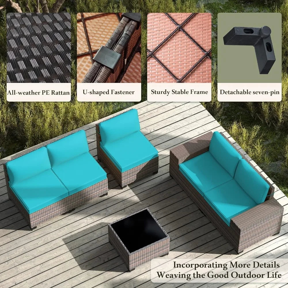 PE Rattan Wicker Outdoor Set Sectional Coffee Table — Turquoise Blue | KIMLUD