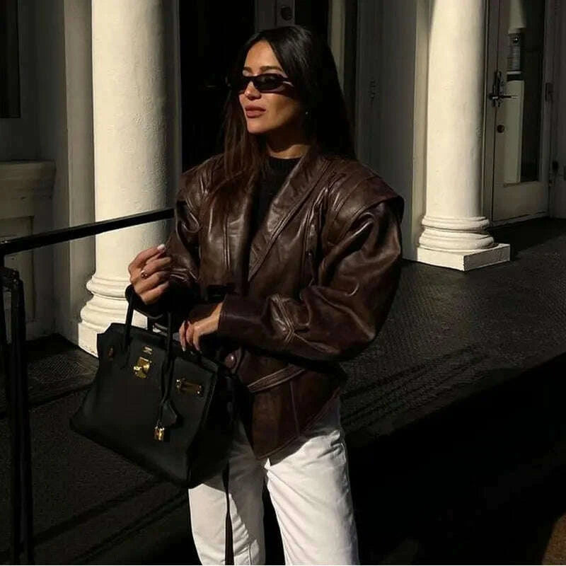 KIMLUD, Vintage Pu Leather Lace-up Short Jacket For Women Fashion Lapel Long Sleeves Irregular Coat 2023 Ladies Office Commute Outwear, KIMLUD Womens Clothes