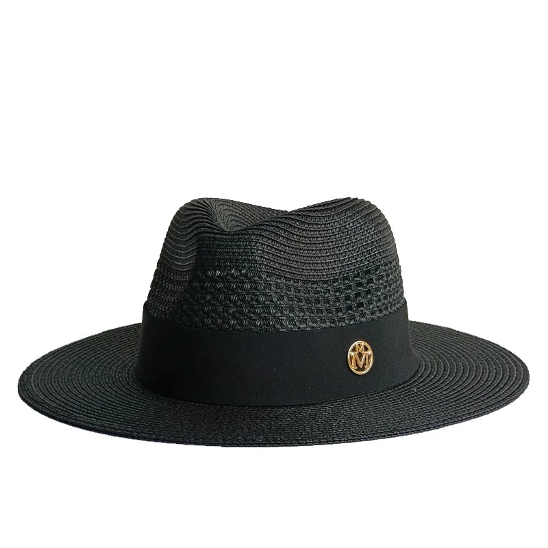 Straw Pearl Chain Flat Top Sun Hat — Beige | KIMLUD
