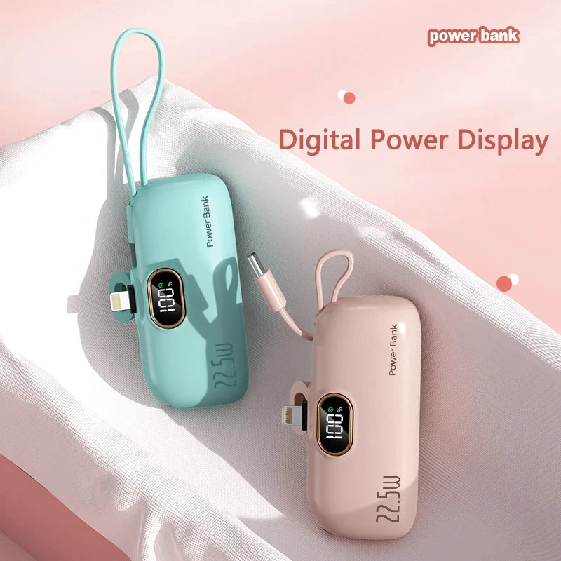 Portable Mini Power Bank Type C Plug Built in Cable 22.5W Fast Charging for iPhone Samsung Xiaomi External Battery