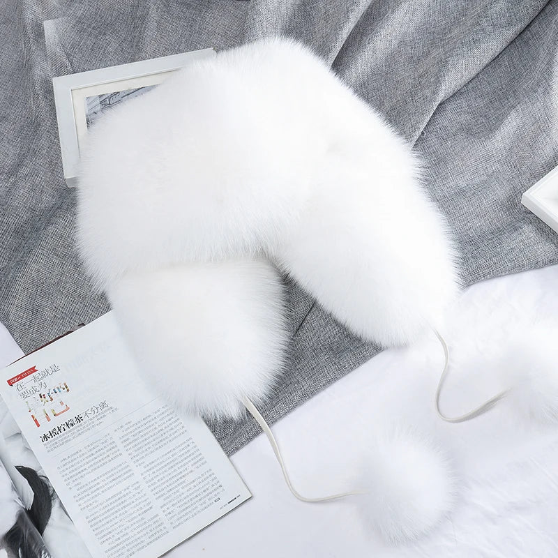 2025 Winter 100% Real Silver Fox Fur Bomber Hat Raccoon Fur Ushanka Cap Trapper Russian Men's Ski Hats Caps