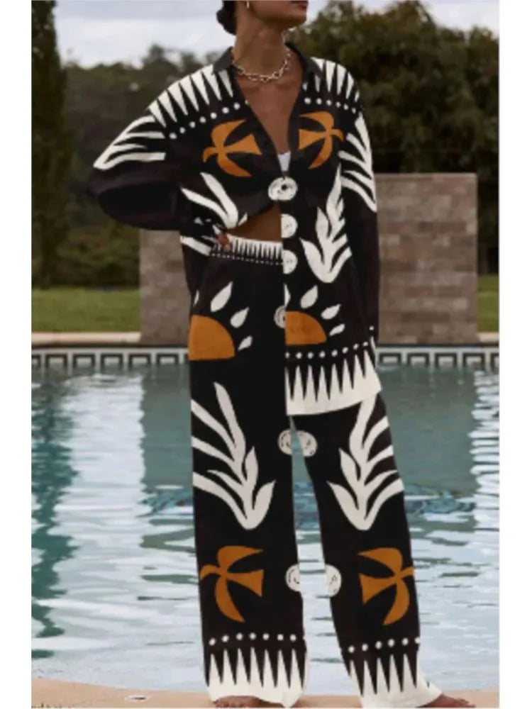 Two Piece Set – Casual Printed – Wide Leg Pants | KIMLUD