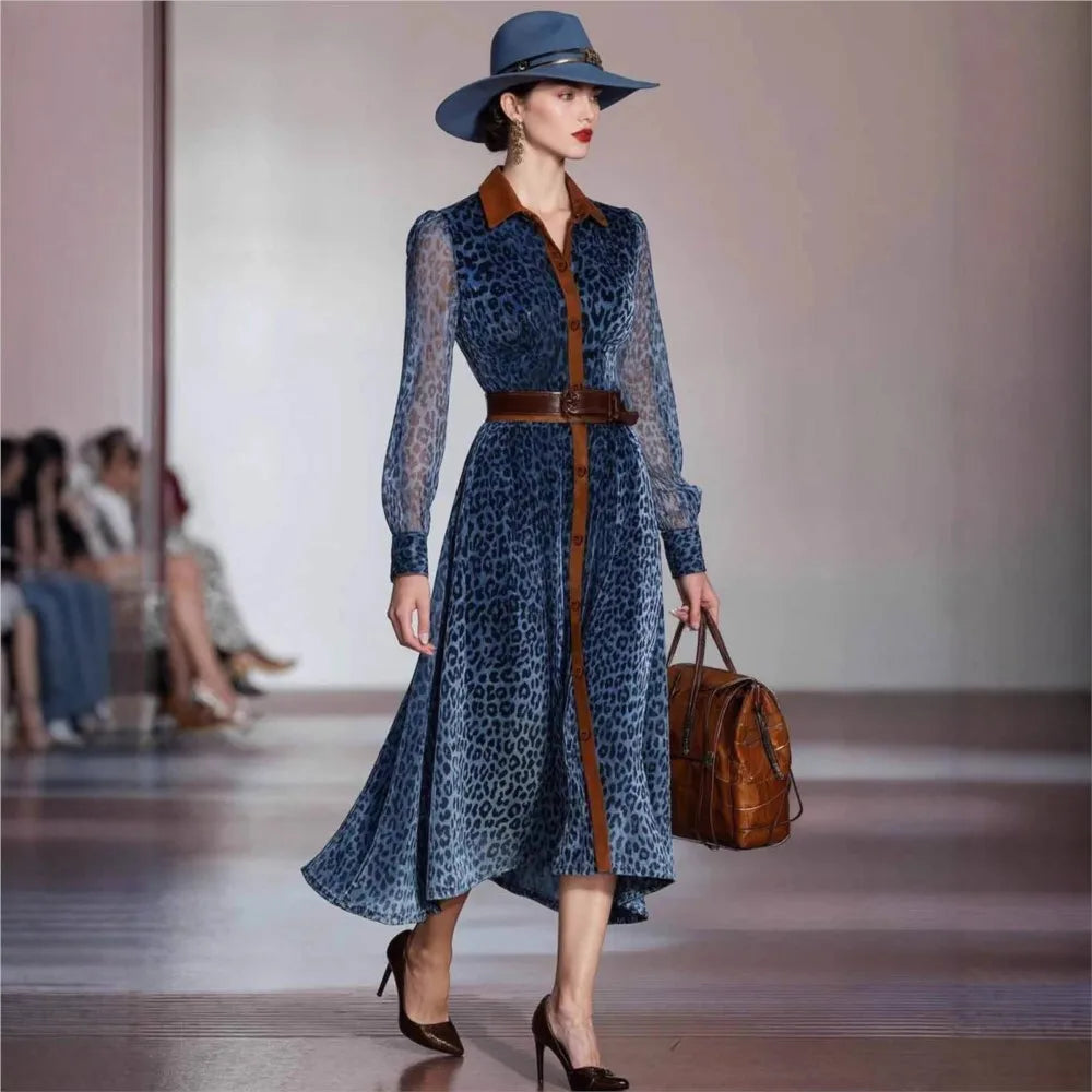 Sleek Polyester Leopard Print Dress — Blue | KIMLUD