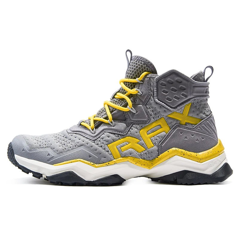 Gray and yellow hiking shoe with RAX branding on a white background