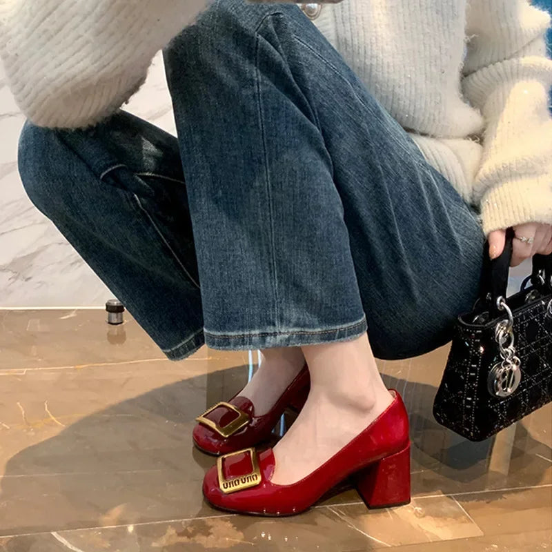 PU High Heels Round Toe Metal Buckle — Black | KIMLUD