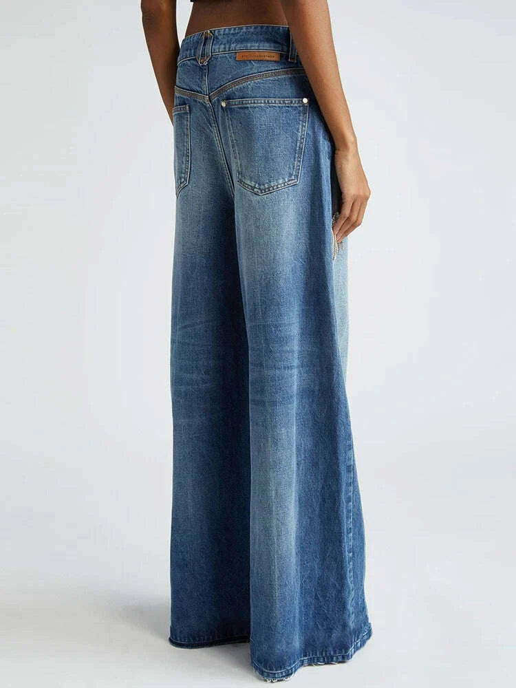 KIMLUD, TWOTWINSTYLE Solid Patchwork Tassel Chic Denim Pants For Women High Waist Spliced Button Wide Leg Straight Pants Female Fashion, KIMLUD Womens Clothes