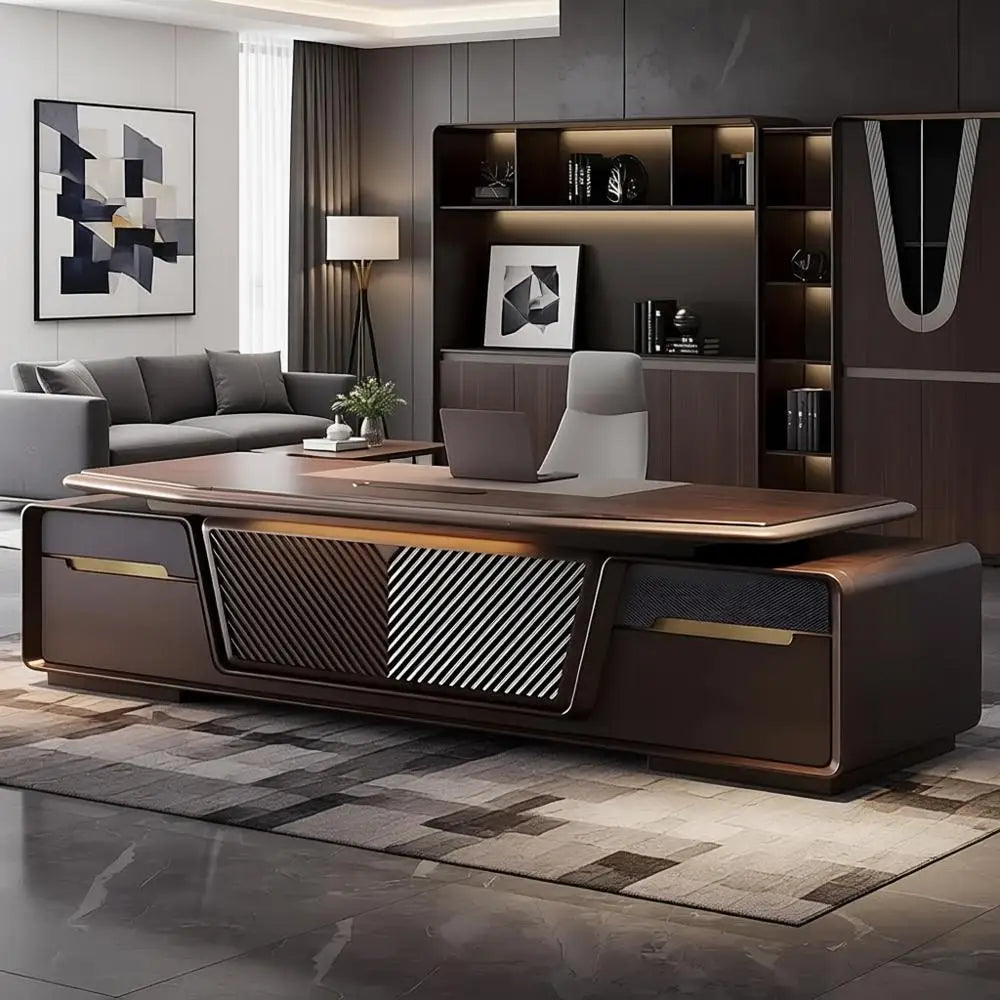Solid Wood Desk With Drawers And Ambient LED Light — Espresso | KIMLUD