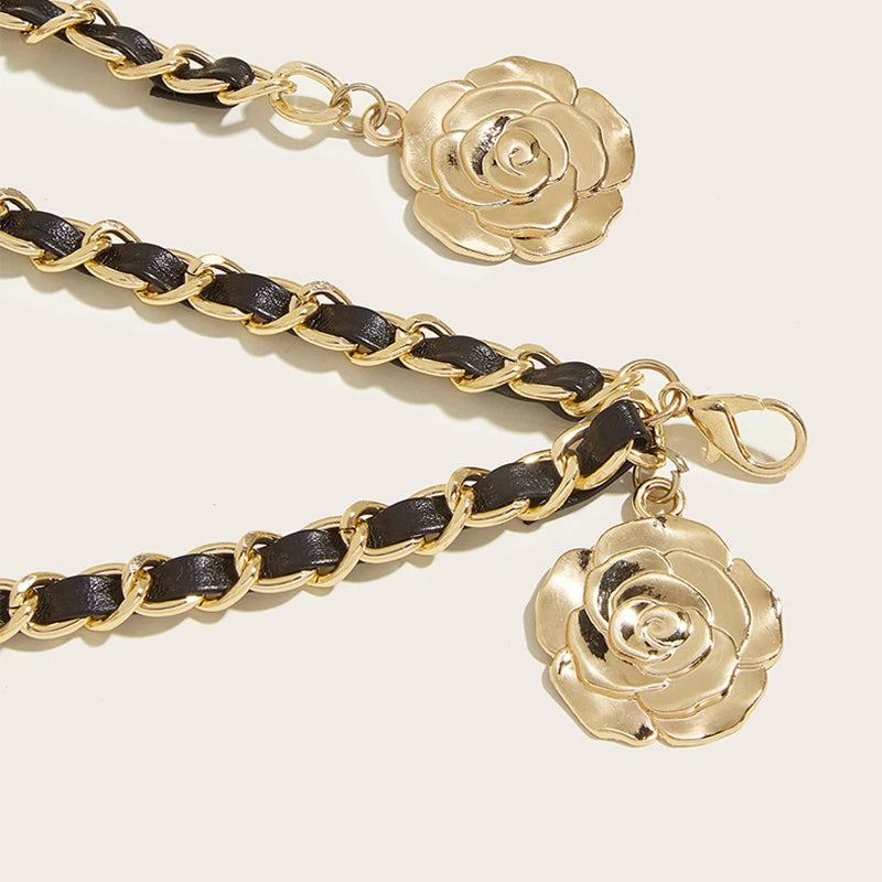 Metal Waist Chain Belt With Circular Flower Pendant And Fine Chain Strap — Gold | KIMLUD