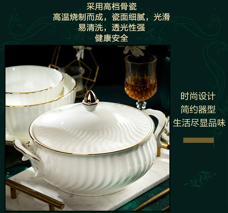 Bone China Dinnerware Set With Gold Accents — White | KIMLUD