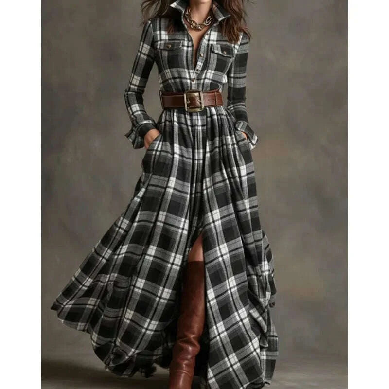 KIMLUD, Retro Women's Shirt Maxi Dress Autumn Casual Long Sleeve Button Pocket Plaid Print Lapel Retro Long Dresses For Womem Vestidos, KIMLUD Womens Clothes