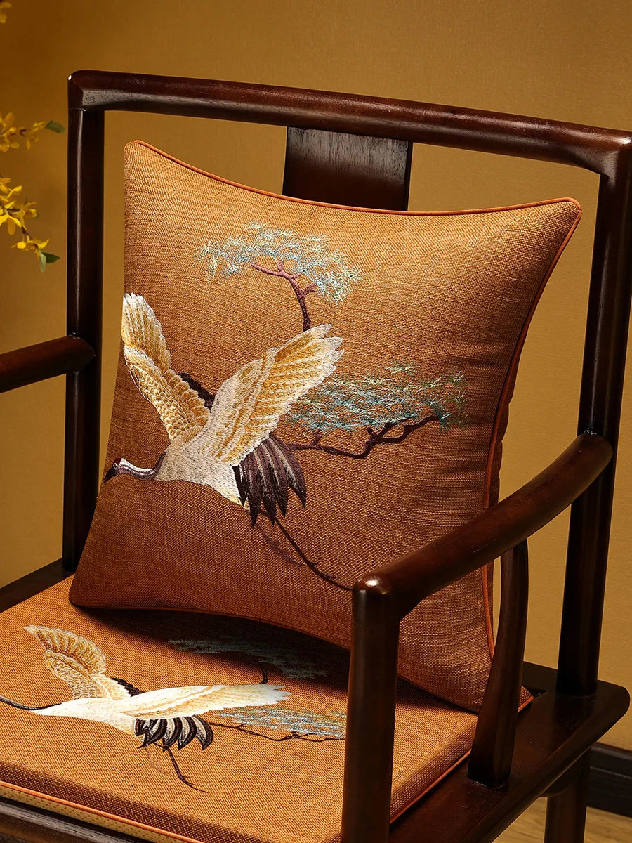 Embroidered Chinese Luxury Cushion Cover 45x45cm Elegant Crane Decorative Linen Pillowcase Living Room Sofa Autumn Pillow Covers