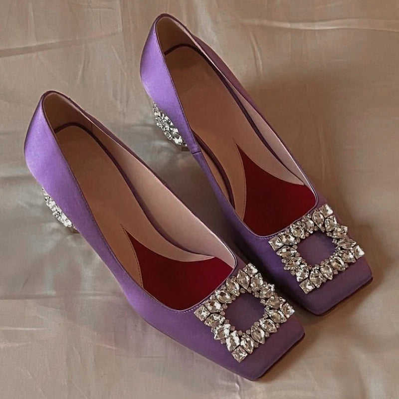 Satin Rhinestone High Heels Square Toe — Champagne | KIMLUD