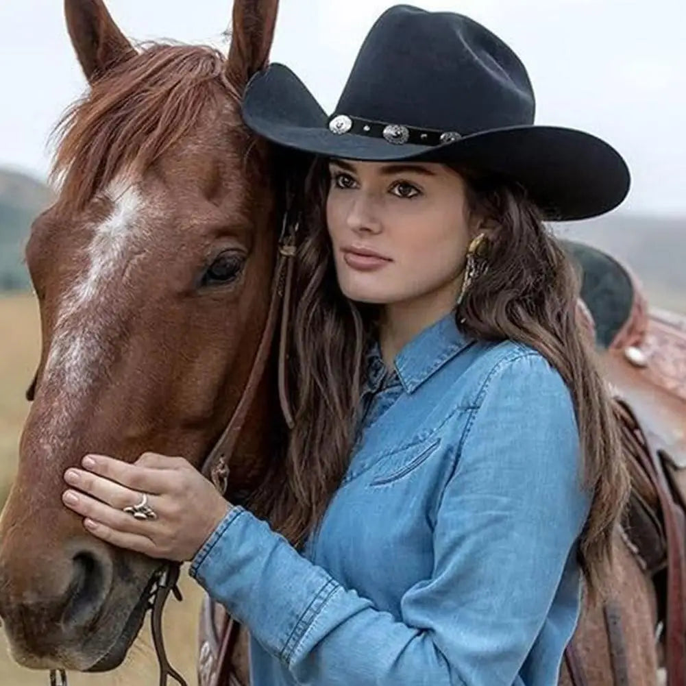 Black Western Cowboy Hats For Women Vintage Wide Brim Felt Fedoras Hats Gentleman Jazz Hats Lady Cowgirl Dress Cap Gifts