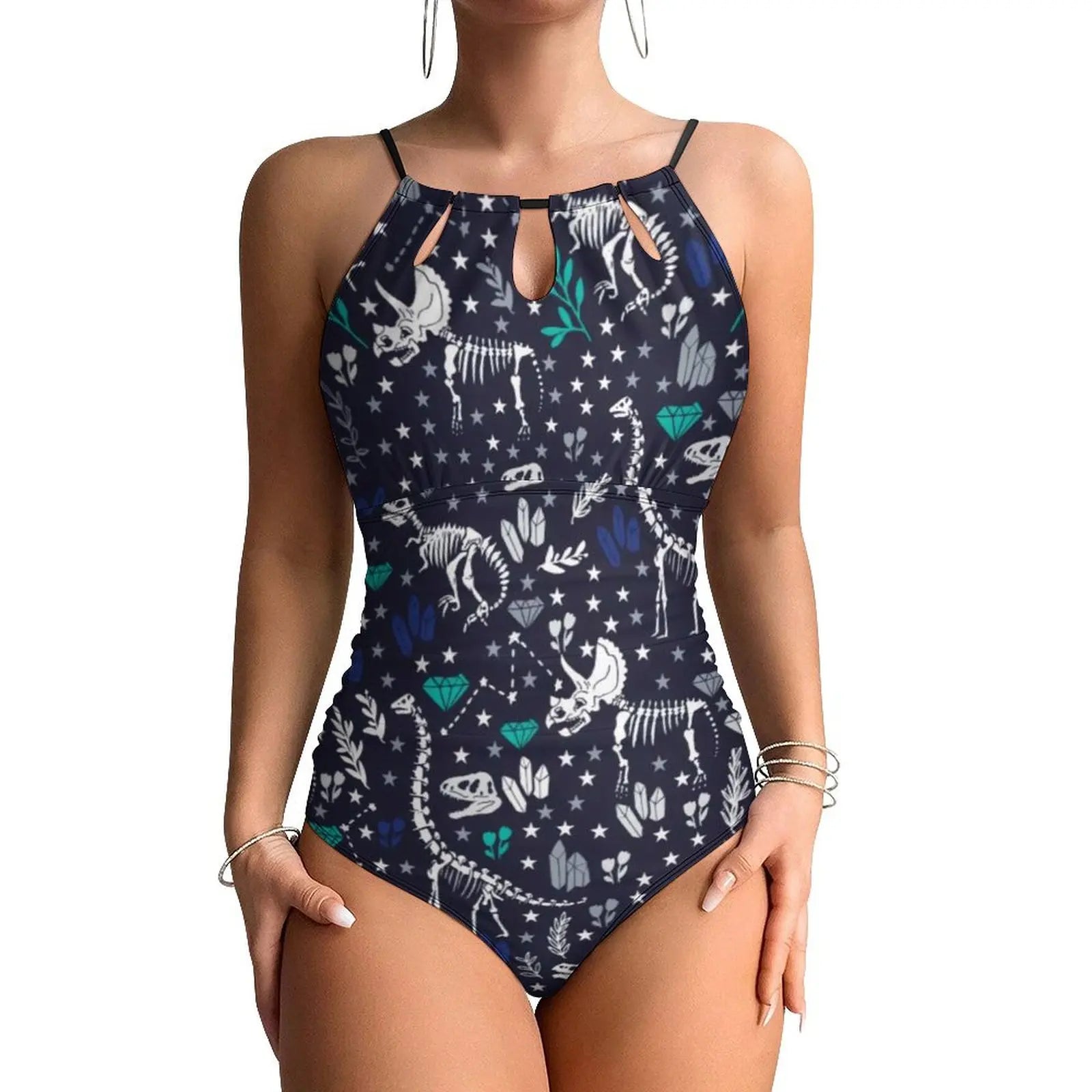 Halter One-Piece Swimsuit With Botanical Dinosaurs Print — Pastel Green | KIMLUD