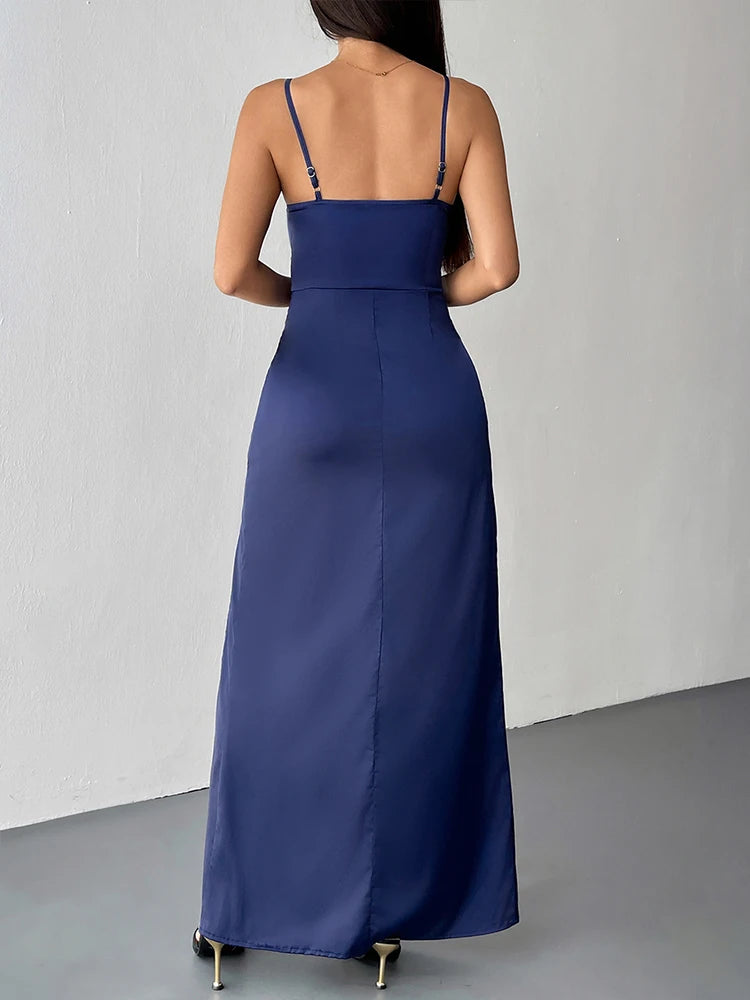 Women New Dresses Summer Streetwear Fashion Casual Slim Split Maxi Dresses Solid Sexy Lady Backless V-neck Sling Dress Clothing
