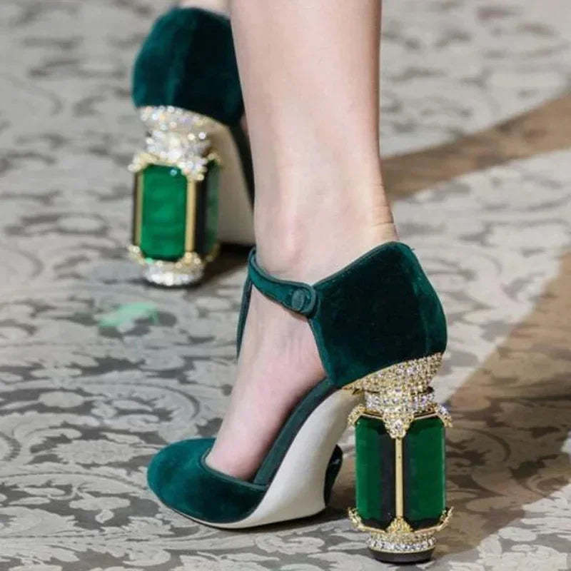 Sculpted Velvet T-Strap Crystal Heels — Emerald | KIMLUD