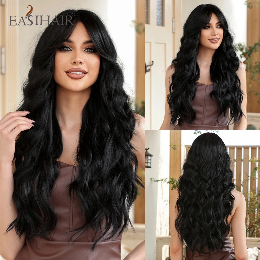 EASIHAIR Sandy Blonde Golden Wavy Synthetic Wigs with Long Bangs Cosplay Lolita Party Hair Wigs for Women Natural Heat Resistant