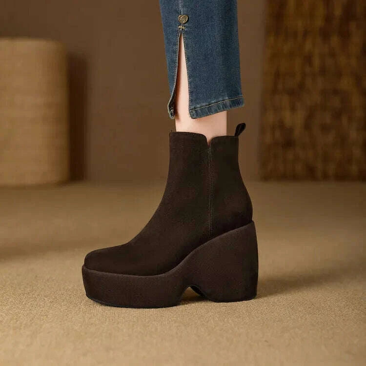 KIMLUD, Brand Women Wedges Boots Suede Platform Women Ankle Boots High Quality Walking Comfy Woman Shoes New Sexy High Heels Bootie, KIMLUD Womens Clothes