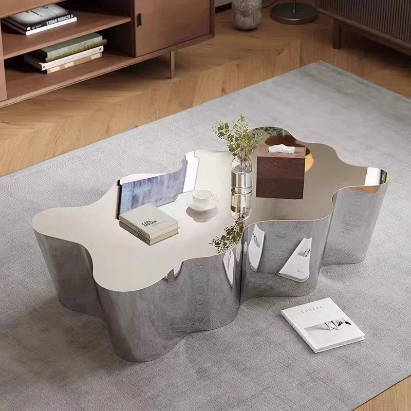 Industrial Metal Coffee Table Sculptural — Brushed Stainless Steel | KIMLUD