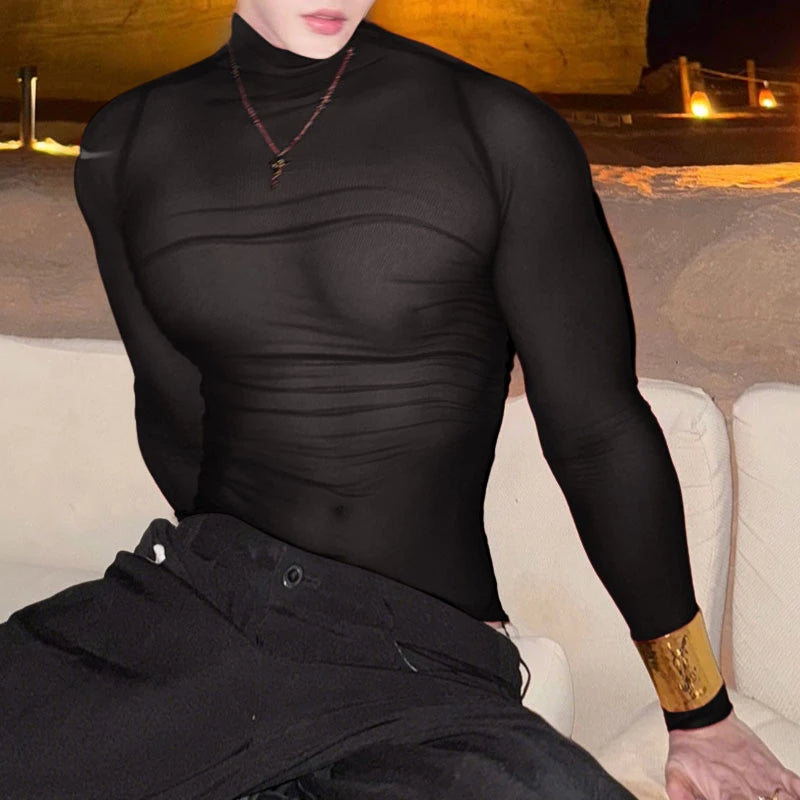 INCERUN Men T Shirt Mesh Long Sleeve See Through Turtleneck Male Tee Tops Sexy Streetwear Fashion Casual Men Clothing Solid