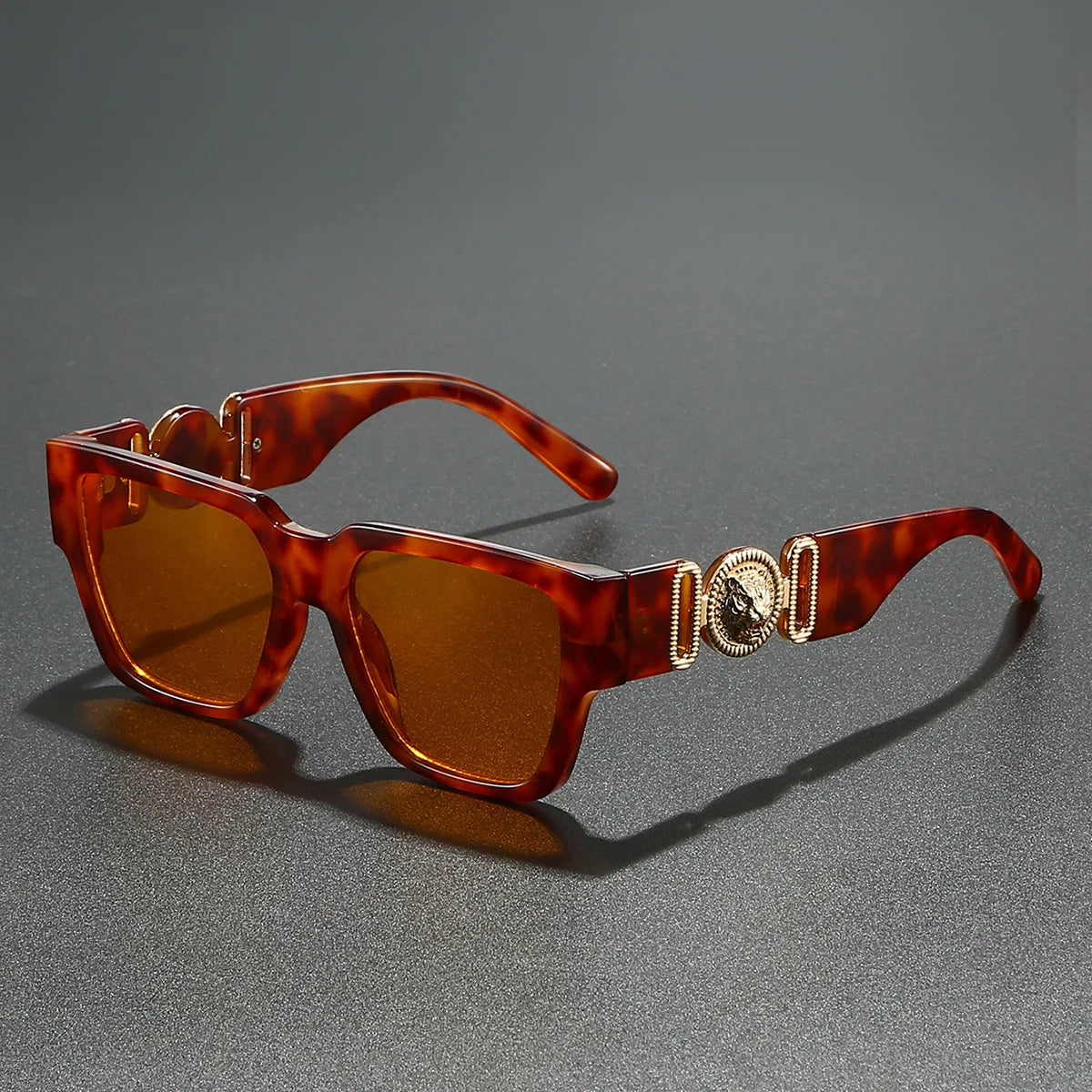 Square Polycarbonate Sunglasses Gold-Tone Lion Motif — Black | KIMLUD